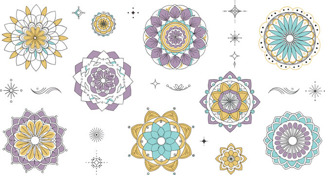 Decorative mandala ornaments collection with floral geometric patterns boho ethnic circular designs meditation yoga style flat vector illustration