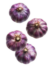 Whole purple garlic bulbs arranged in a scattered seamless pattern, isolated on white background, concept of organic food