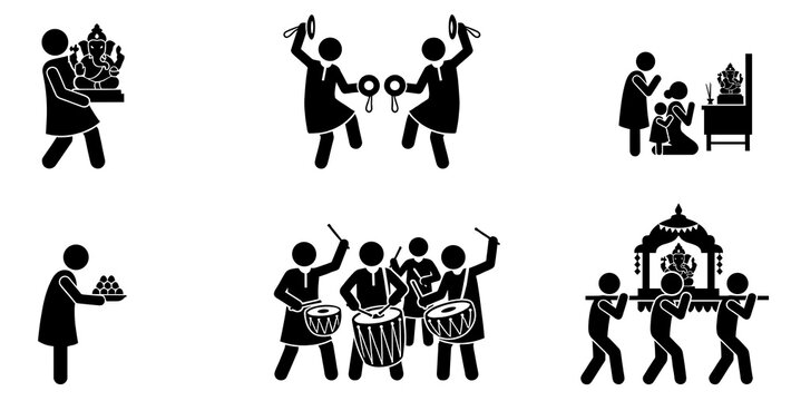 Happy Ganesh Chaturthi vector silhouette set featuring devotees carrying idol, playing drums, family praying at home shrine, and grand palanquin procession for Indian Hindu festival.