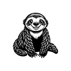 Fototapeta premium Cute smiling sloth illustration in black and white, sitting and looking forward with a happy expression, rendered in a detailed graphic style.