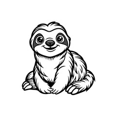 Fototapeta premium Cute black and white cartoon illustration of a happy baby sloth sitting and smiling, with detailed fur texture.