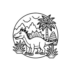 Happy cartoon dinosaur with spikes on its back standing in a prehistoric landscape with mountains, palm trees, and plants, in a circular frame, black and white line art. © davis