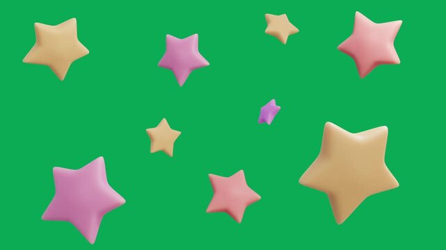 Pastel 3D cartoon bursting stars on green screen background