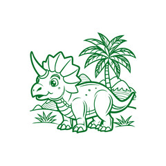 Cute cartoon baby triceratops dinosaur outline drawing with a palm tree and grass in a simple landscape. © davis