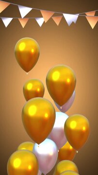 Happy birthday congratulation video with golden and white balloons flying up and confetti falling down. Anniversary celebration loop animation