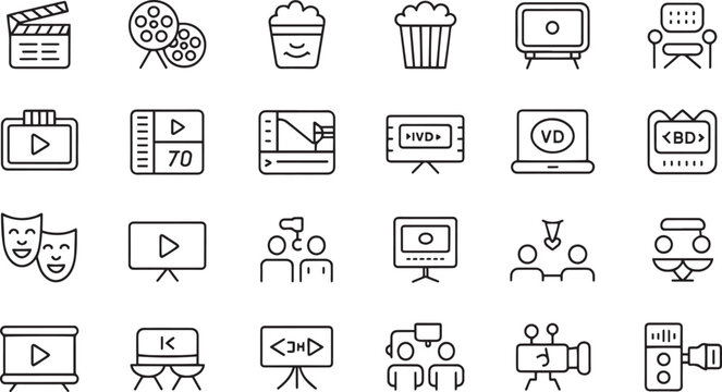Collection of various movie and media player icons isolated on transparent background