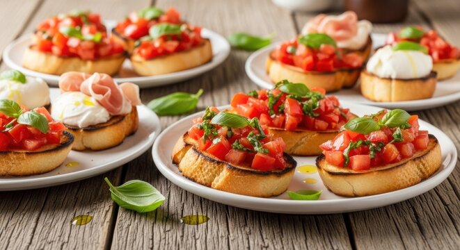 A vibrant and colorful scene featuring a variety of food items, including bruschetta topped with fresh tomatoes, basil, and mozzarella cheese, set against a rustic wooden background.