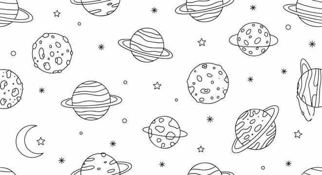 A delightful black and white space themed seamless pattern with planets, stars, and moons, patern seamless, Stock royalty image.