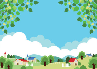 初夏の牧場背景イラスト、横、かわいい、シンプル © nana10n no AI