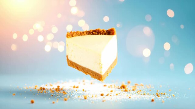 Decadent cheesecake slice with graham cracker crust suspended in mid air