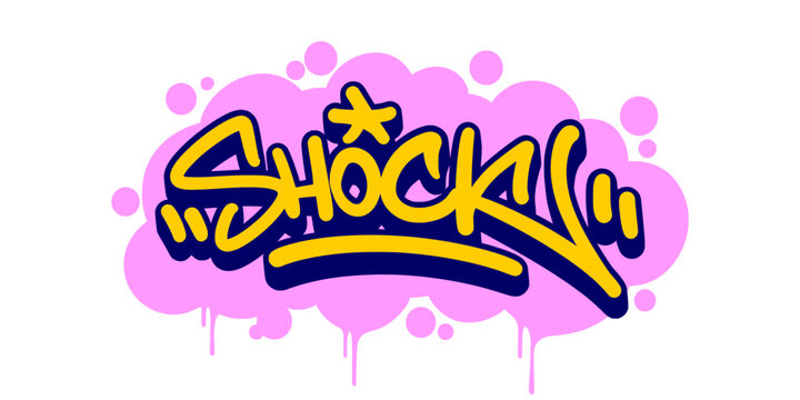 Shock Word Graffiti Tag Illustration in Creative Bubble Style with Pink Drip for Urban Basketball Streetwear.