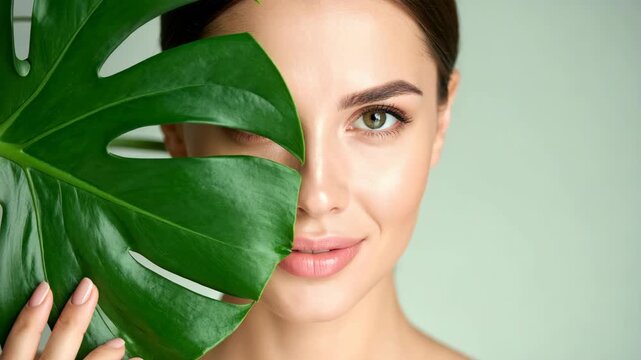 Close up portrait of a woman's face partially hidden by a large green tropical leaf