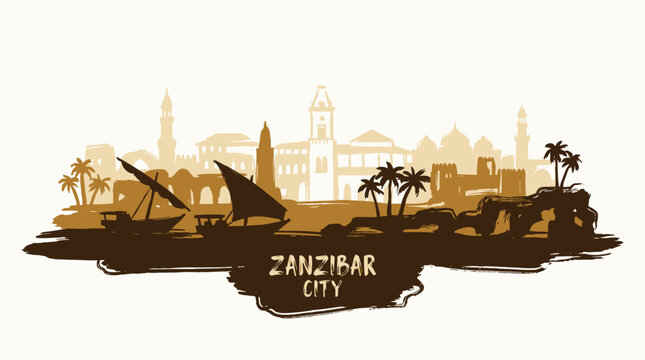 Silhouette of Zanzibar City skyline with traditional dhows and palm trees against a light background.