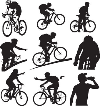 Set of 9 black bicycle rider silhouettes vector