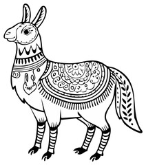 Fototapeta premium Whimsical stylized llama adorned with intricate ethnic patterns and decorative saddle