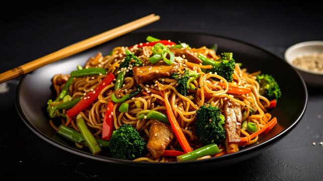 Delicious bowl of noodles with fresh vegetables and chopsticks, close-up