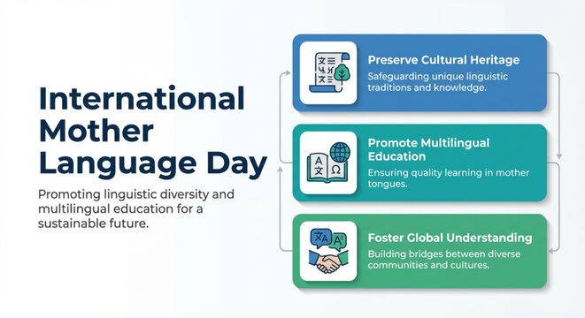 International Mother Language Day graphic promoting linguistic diversity, multilingual education, cultural heritage preservation, and global understanding.