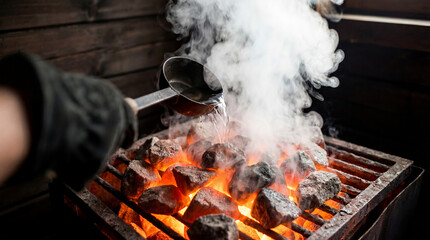 Sauna setting with a gloved hand pouring water from a ladle onto hot stones, creating steam. This traditional practice enhances sauna sessions with heat and relaxation. Image made using Generative AI.