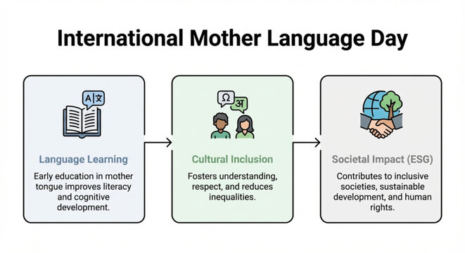 Diagram illustrating the benefits and progression of International Mother Language Day, from language learning to cultural inclusion and societal impact (ESG).