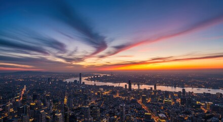 Fototapeta premium A bustling cityscape at dusk, with the sun setting over the river, casting a warm glow over the buildings and streets.