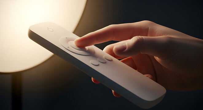 Hand operating a modern white remote control to adjust a dimmable lamp creating soft adjustable warm lighting for home interior use