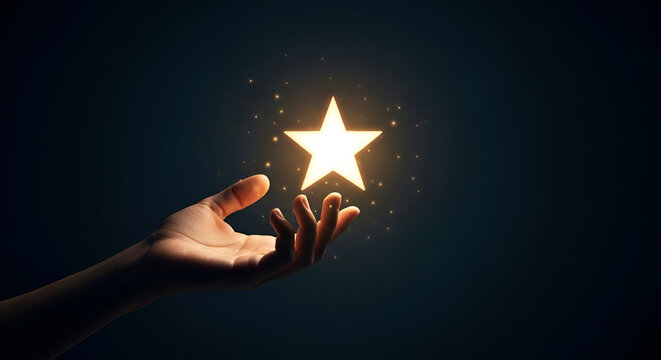 Hand reaching out to touch a bright glowing star with light particles on dark background concept of achieving goals motivation and inspiration