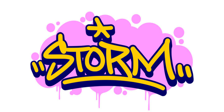 Storm Word Graffiti Tag with Bubble Effect and Pink Drip for Modern Urban Basketball Streetwear Design.