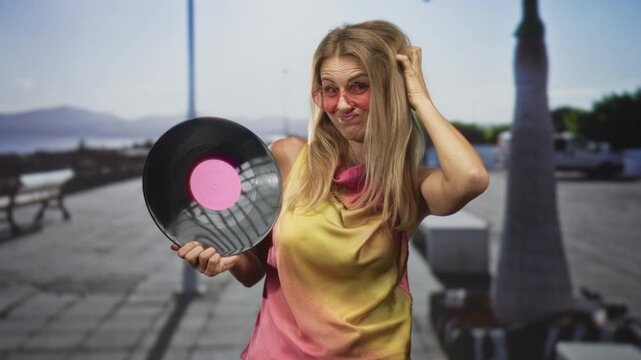 Blonde woman holds vinyl record with one hand and scratches head with the other on a sunny street promenade by the sea; playful retro.