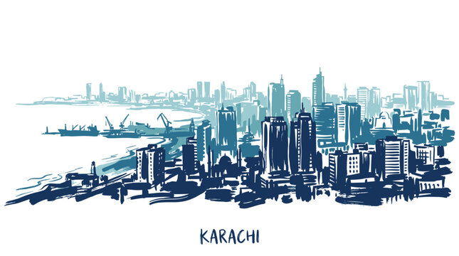 A stylized sketch of the Karachi skyline, featuring modern skyscrapers and a distant port with cranes.