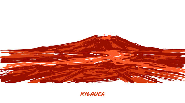 A vibrant, abstract depiction of Kilauea volcano erupting with molten lava flowing down its slopes.