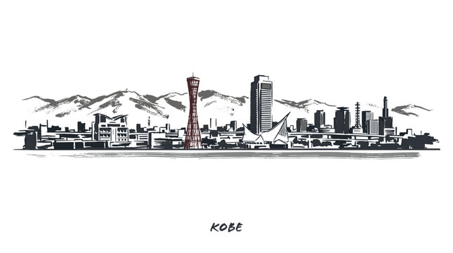 A detailed black and white sketch of the Kobe skyline, featuring prominent buildings and mountains in the background, with the Kobe Port Tower highlighted in red.