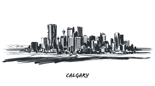 A detailed black and white sketch of the Calgary skyline, showcasing numerous skyscrapers and the iconic Calgary Tower.