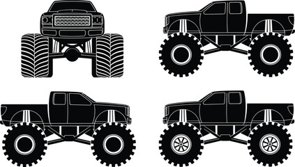 Monster truck vector set with front and side views, lifted pickup with oversized tires, off road vehicle silhouette illustration for automotive design, decals, stickers © Sawda's World