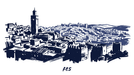 Obraz premium A sketch of the ancient city of Fes, Morocco, showcasing its dense urban landscape with a prominent minaret and fortified walls.