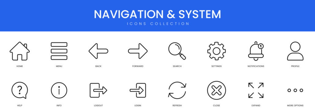 Essential UI line icons for application navigation system controls and user interface interactive elements