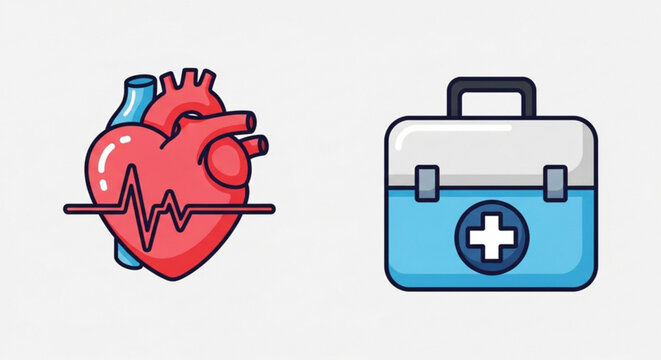 Medical icons set with heart and first aid kit on white background symbolizing healthcare and emergency response