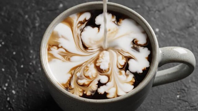 Cream pouring into dark coffee beverage in ceramic mug creating swirling patterns on textured background