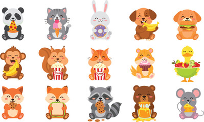 Fototapeta premium Adorable Animals Eating Snacks Icon Set with Ice Cream, Pizza, Donuts, Popcorn, Sandwiches, and More