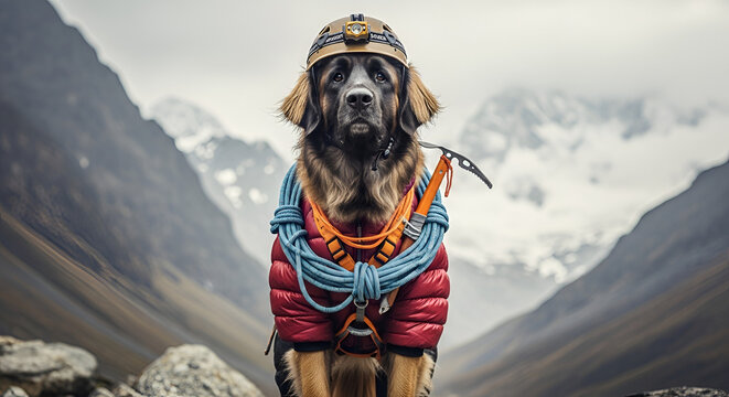 Leonberger dog dressed as mountaineer with helmet rope and ice ax in mountain setting; adventurous pet ready for trekking and climbing