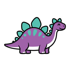 Naklejka premium Adorable purple Stegosaurus dinosaur with teal dorsal plates and spots, depicted in a cute, flat, graphic art style, smiling cheerfully on a white background.
