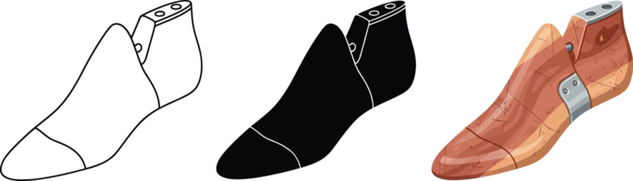 Set of shoe lasts in various styles including outline silhouette and realistic wood perfect for shoemaking and footwear design concepts