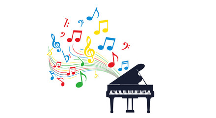 Naklejka premium Piano with colorful music notes flying.