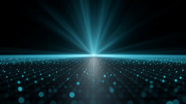 Abstract technology big background digital flow office block ai server system network business computer car design pattern radiant horizon of glowing dots and lines suggesting abstract technology