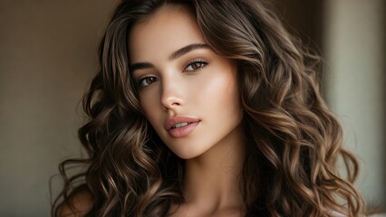 Elegant young caucasian female with wavy hair and soft makeup.