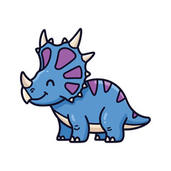 Fototapeta premium Adorable blue cartoon triceratops dinosaur with purple accents, happy and smiling, standing in a side profile, perfect for children's books and educational materials.