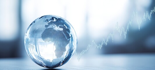 The Glass Globe on Desk with Financial Graph and Blue Business Background