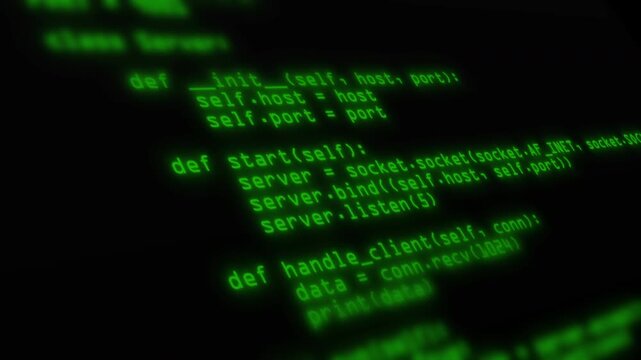 Glowing programming code interface on dark screen. Server configuration and network port setup in terminal environment. Cybersecurity system monitoring and backend development technology concept.