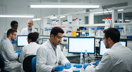 Obraz premium Medical researchers collaborating in laboratory wearing lab coats gloves and protective eyewear working with computers and scientific tools