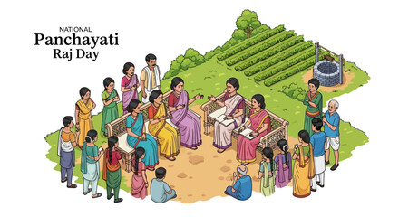 Fototapeta premium Illustration of people gathered in a village setting celebrating National Panchayati Raj Day with a rural landscape in the background.