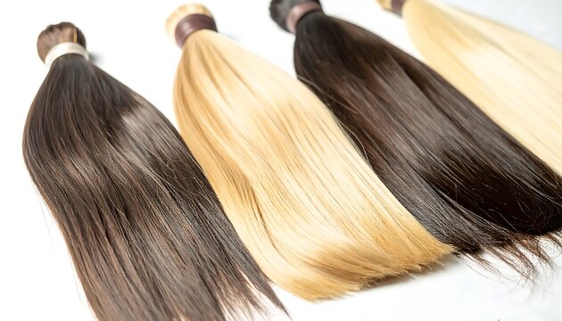 A close-up of four bundles of straight hair extensions